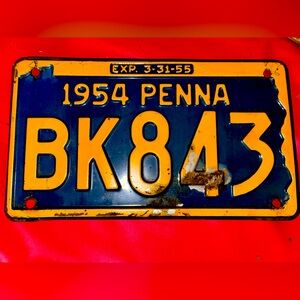 Pennsylvania 1954 License Plate. BK843